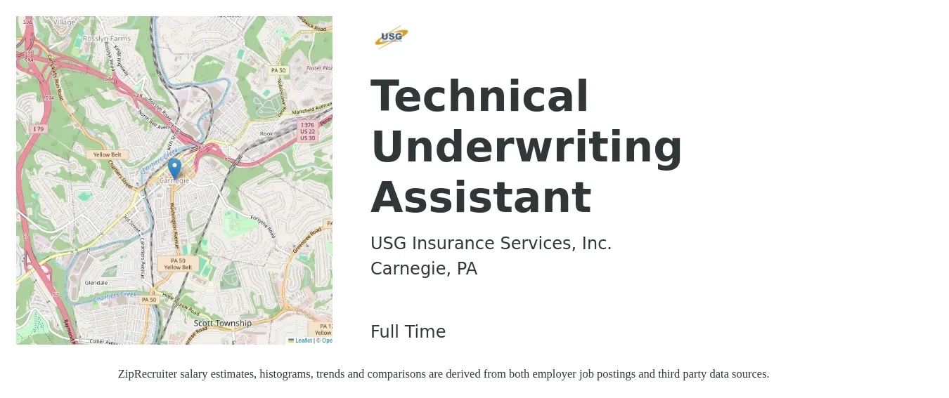 USG Insurance Services, Inc. job posting for a Technical Underwriting Assistant in Carnegie, PA with a salary of $36,000 to $42,200 Yearly with a map of Carnegie location.
