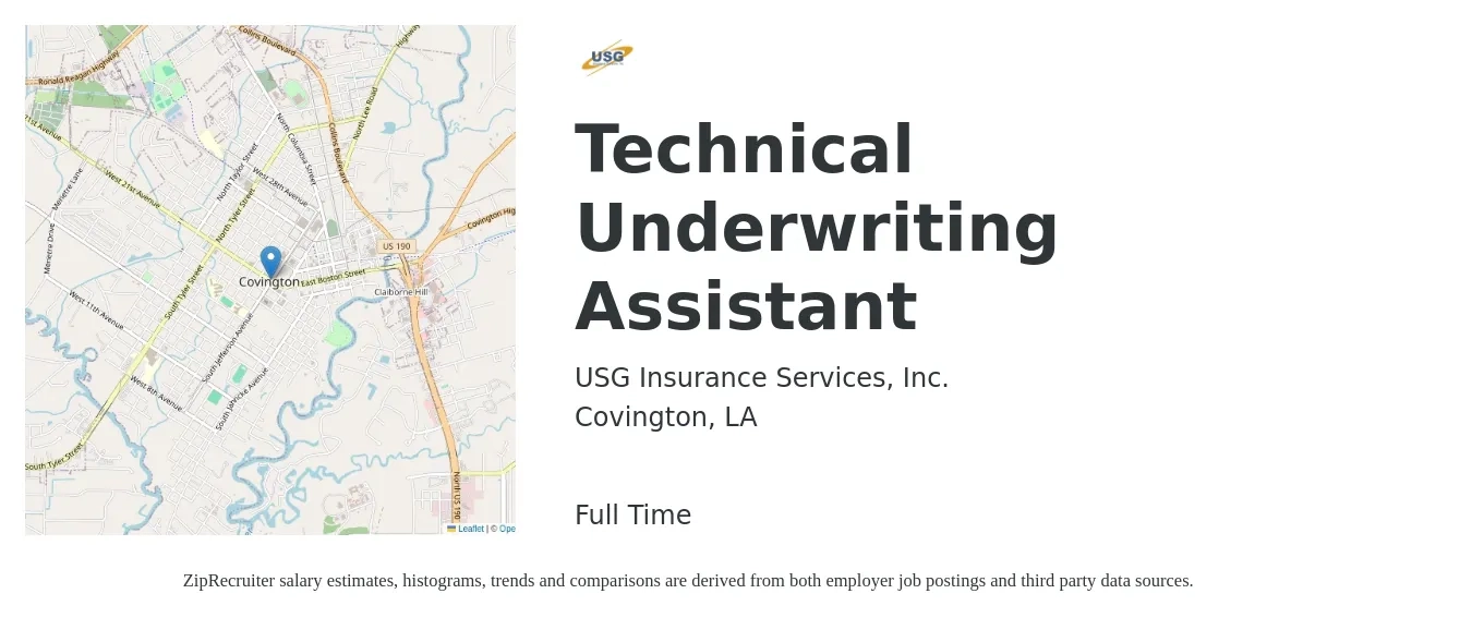 USG Insurance Services, Inc. job posting for a Technical Underwriting Assistant in Covington, LA with a salary of $32,300 to $37,800 Yearly with a map of Covington location.