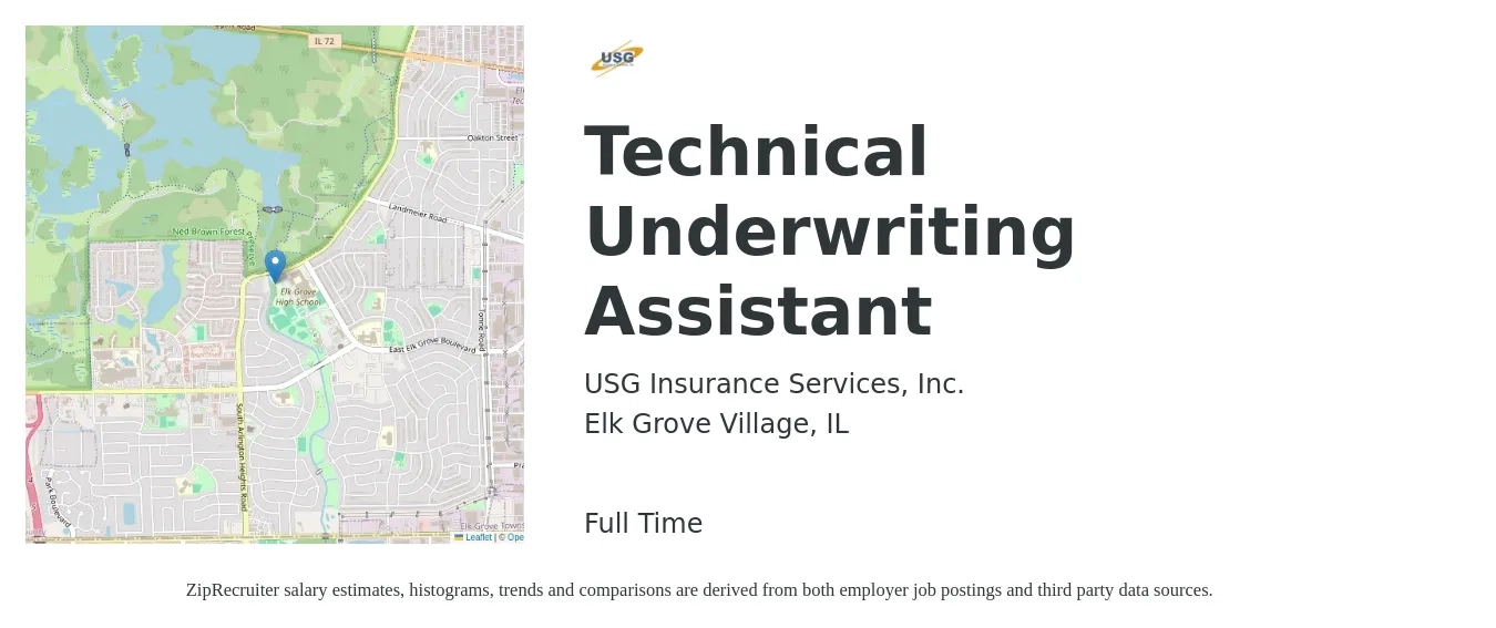 USG Insurance Services, Inc. job posting for a Technical Underwriting Assistant in Elk Grove Village, IL with a salary of $36,900 to $43,400 Yearly with a map of Elk Grove Village location.