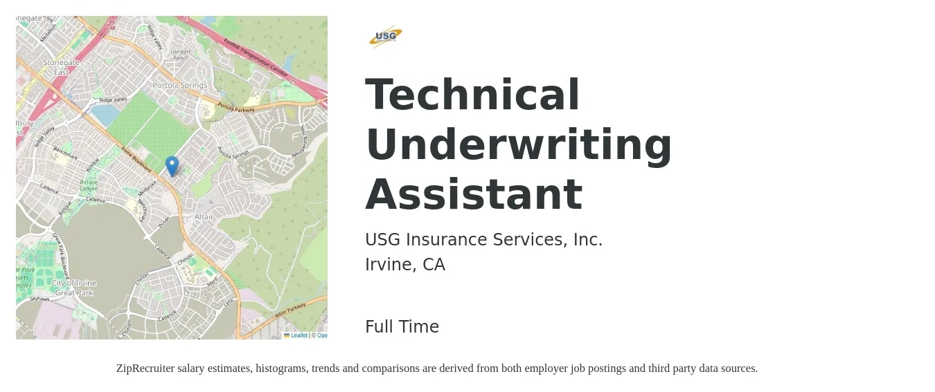 USG Insurance Services, Inc. job posting for a Technical Underwriting Assistant in Irvine, CA with a salary of $39,800 to $46,700 Yearly with a map of Irvine location.
