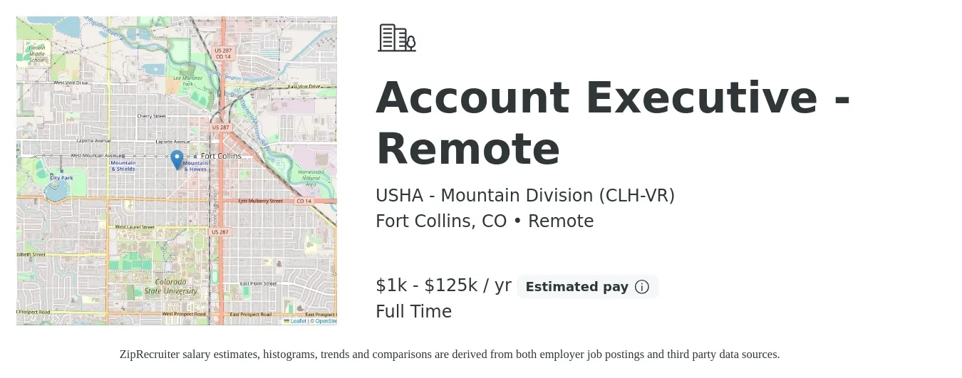 USHA - Mountain Division (CLH-VR) job posting for a Account Executive - Remote in Fort Collins, CO with a salary of $1,000 to $125,000 Yearly with a map of Fort Collins location.