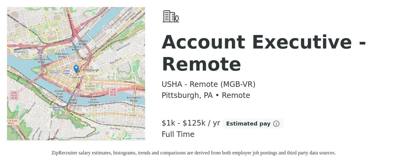 USHA - Remote (MGB-VR) job posting for a Account Executive - Remote in Pittsburgh, PA with a salary of $1,000 to $125,000 Yearly with a map of Pittsburgh location.