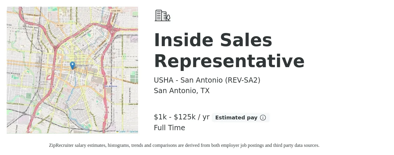 USHA - San Antonio (REV-SA2) job posting for a Inside Sales Representative in San Antonio, TX with a salary of $1,000 to $125,000 Yearly with a map of San Antonio location.