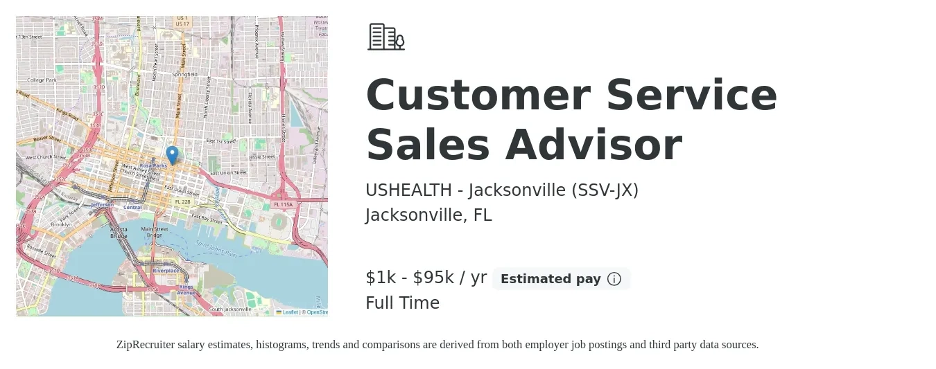 USHEALTH - Jacksonville (SSV-JX) job posting for a Customer Service Sales Advisor in Jacksonville, FL with a salary of $1,000 to $95,000 Yearly with a map of Jacksonville location.
