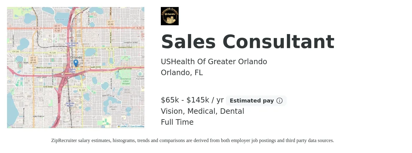 USHealth Of Greater Orlando job posting for a Sales Consultant in Orlando, FL with a salary of $65,000 to $145,000 Yearly (plus commission) and benefits including vision, dental, and medical with a map of Orlando location.