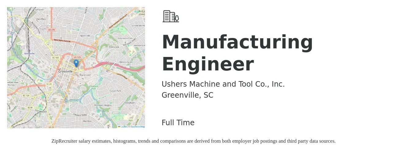Ushers Machine and Tool Co., Inc. job posting for a Manufacturing Engineer in Greenville, SC with a salary of $66,100 to $85,200 Yearly with a map of Greenville location.