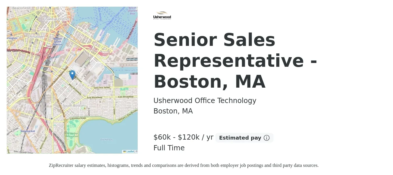 Usherwood Office Technology job posting for a Senior Sales Representative - Boston, MA in Boston, MA with a salary of $60,000 to $120,000 Yearly with a map of Boston location.