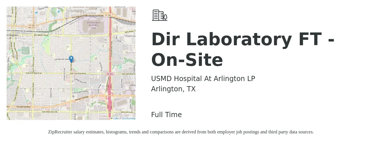 USMD Hospital At Arlington LP job posting for a Dir Laboratory FT - On-Site in Arlington, TX with a salary of $96,300 to $125,900 Yearly with a map of Arlington location.