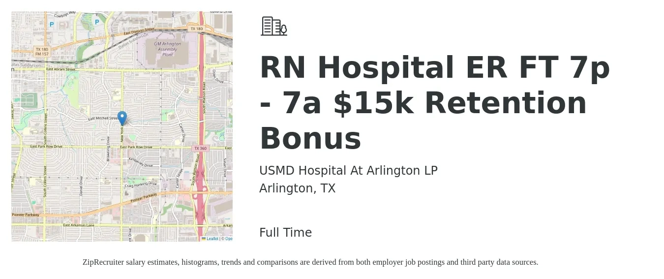 USMD Hospital At Arlington LP job posting for a RN Hospital ER FT 7p - 7a $15k Retention Bonus in Arlington, TX with a salary of $1,800 to $2,550 Weekly with a map of Arlington location.