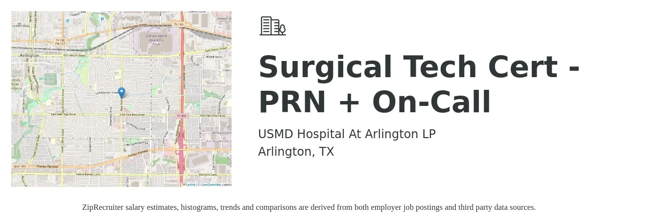 USMD Hospital At Arlington LP job posting for a Surgical Tech Cert - PRN + On-Call in Arlington, TX with a salary of $1,330 to $2,180 Weekly with a map of Arlington location.