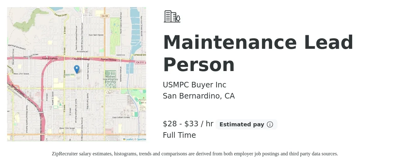 USMPC Buyer Inc job posting for a Maintenance Lead Person in San Bernardino, CA with a salary of $30 to $35 Hourly with a map of San Bernardino location.