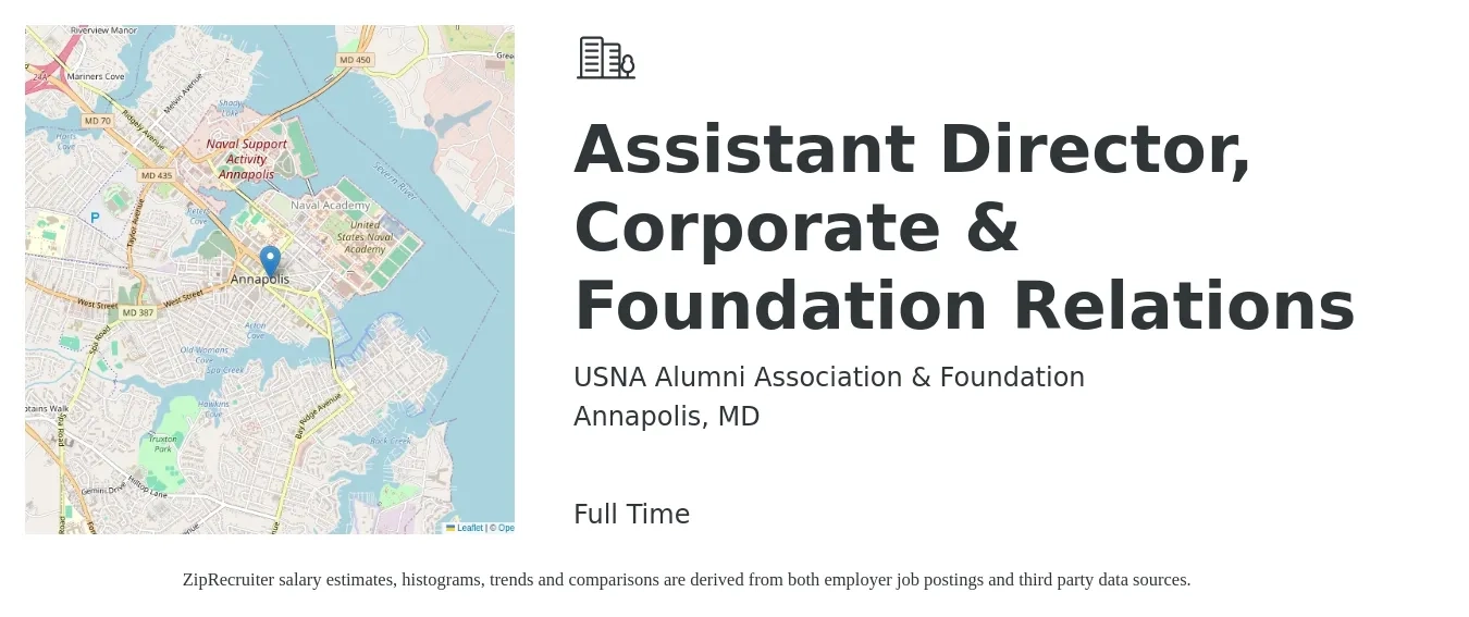 USNA Alumni Association & Foundation job posting for a Assistant Director, Corporate & Foundation Relations in Annapolis, MD with a salary of $80,200 to $132,600 Yearly with a map of Annapolis location.