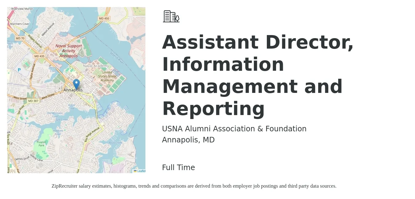 USNA Alumni Association & Foundation job posting for a Assistant Director, Information Management and Reporting in Annapolis, MD with a salary of $44,100 to $88,600 Yearly with a map of Annapolis location.