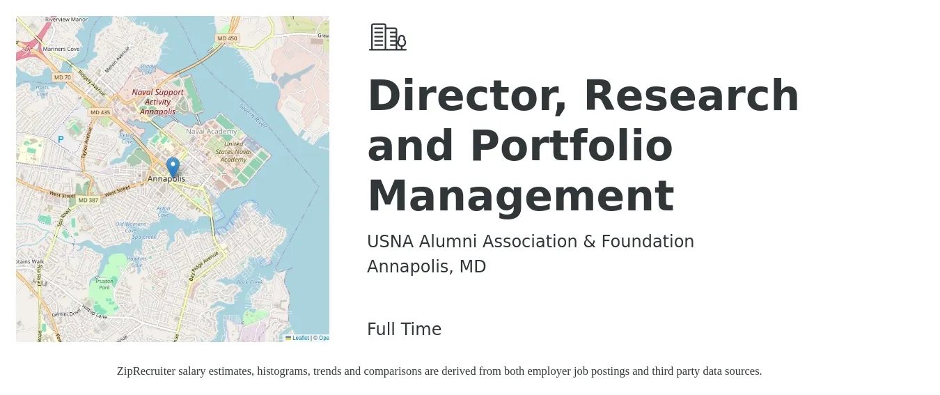 USNA Alumni Association & Foundation job posting for a Director, Research and Portfolio Management in Annapolis, MD with a salary of $134,100 to $226,700 Yearly with a map of Annapolis location.