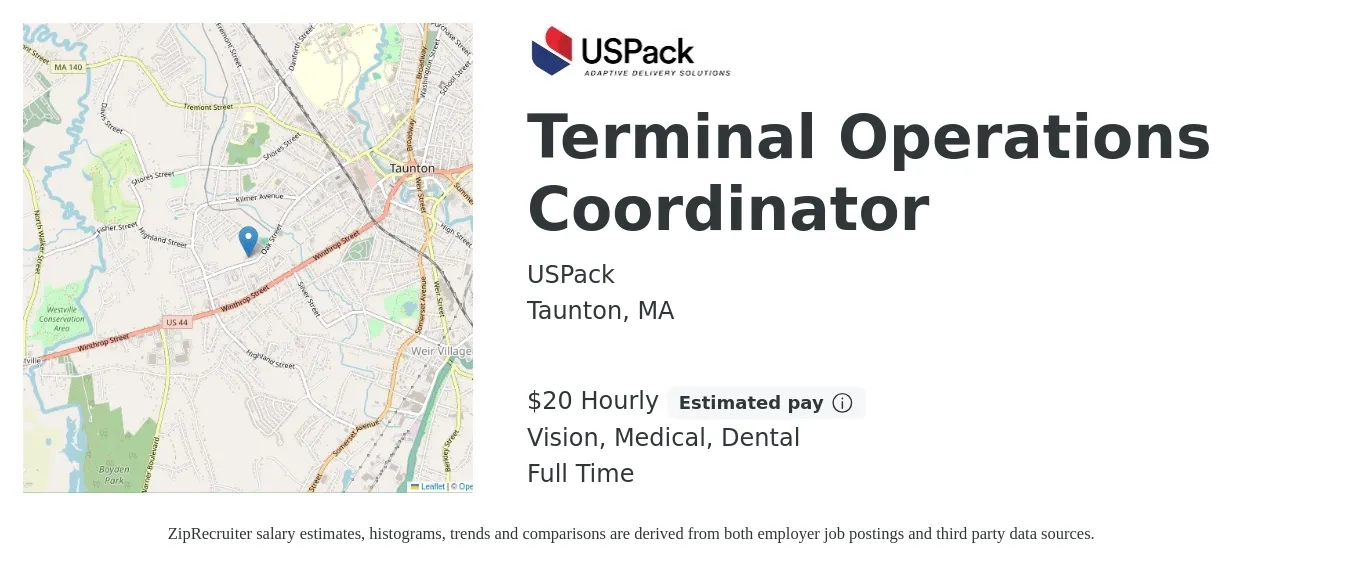 USPack job posting for a Terminal Operations Coordinator in Taunton, MA with a salary of $21 Hourly and benefits including dental, life_insurance, medical, retirement, and vision with a map of Taunton location.