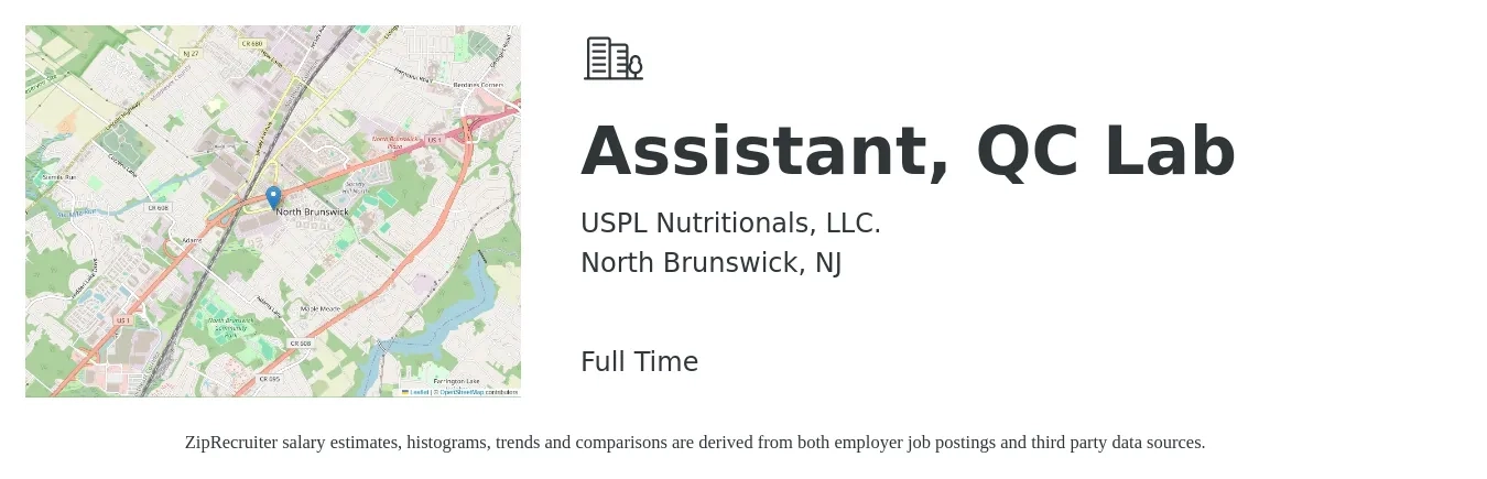 USPL Nutritionals, LLC. job posting for a Assistant, QC Lab in North Brunswick, NJ with a salary of $18 to $25 Hourly with a map of North Brunswick location.