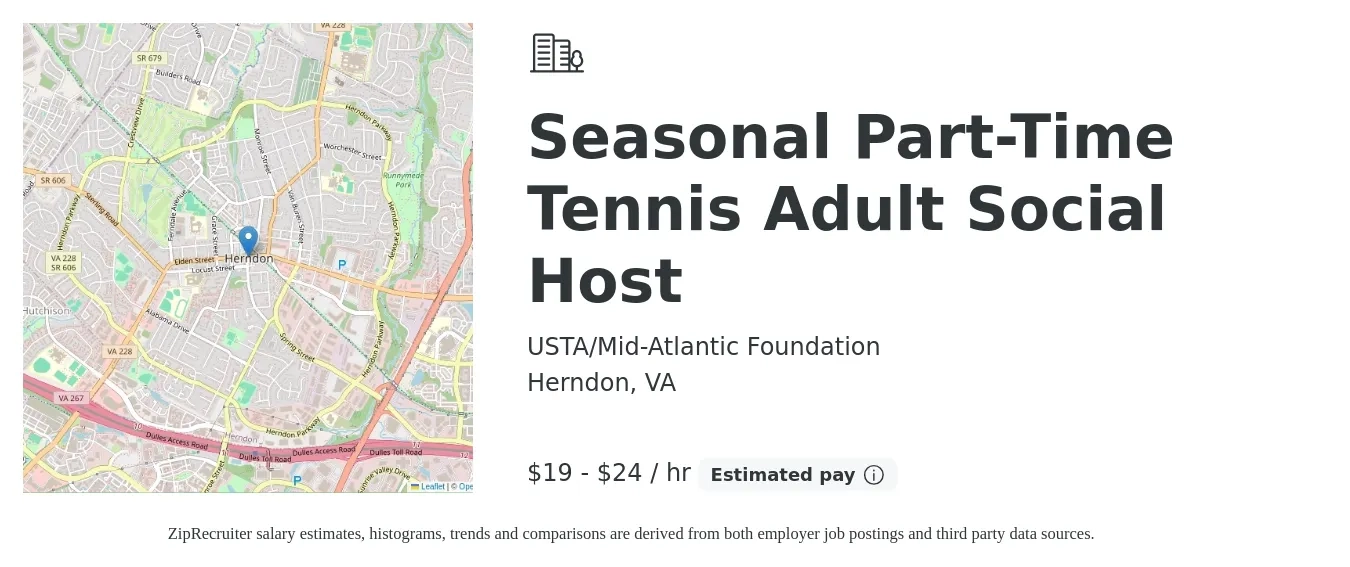 USTA/Mid-Atlantic Foundation job posting for a Seasonal Part-Time Tennis Adult Social Host in Herndon, VA with a salary of $20 to $25 Hourly with a map of Herndon location.