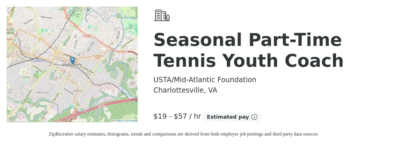 USTA/Mid-Atlantic Foundation job posting for a Seasonal Part-Time Tennis Youth Coach in Charlottesville, VA with a salary of $20 to $60 Hourly with a map of Charlottesville location.