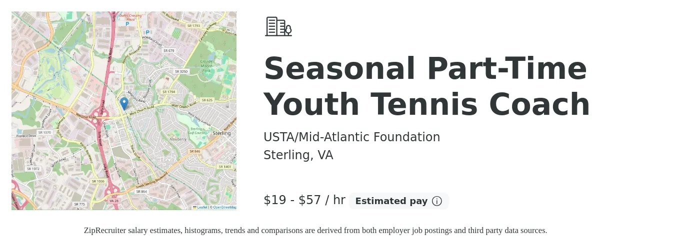 USTA/Mid-Atlantic Foundation job posting for a Seasonal Part-Time Youth Tennis Coach in Sterling, VA with a salary of $20 to $60 Hourly with a map of Sterling location.