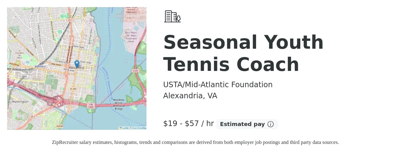 USTA/Mid-Atlantic Foundation job posting for a Seasonal Youth Tennis Coach in Alexandria, VA with a salary of $20 to $60 Hourly with a map of Alexandria location.