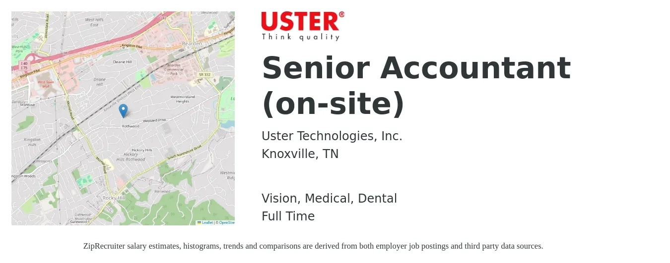 Uster Technologies, Inc. job posting for a Senior Accountant (on-site) in Knoxville, TN with a salary of $70,600 to $88,800 Yearly and benefits including life_insurance, medical, retirement, vision, and dental with a map of Knoxville location.