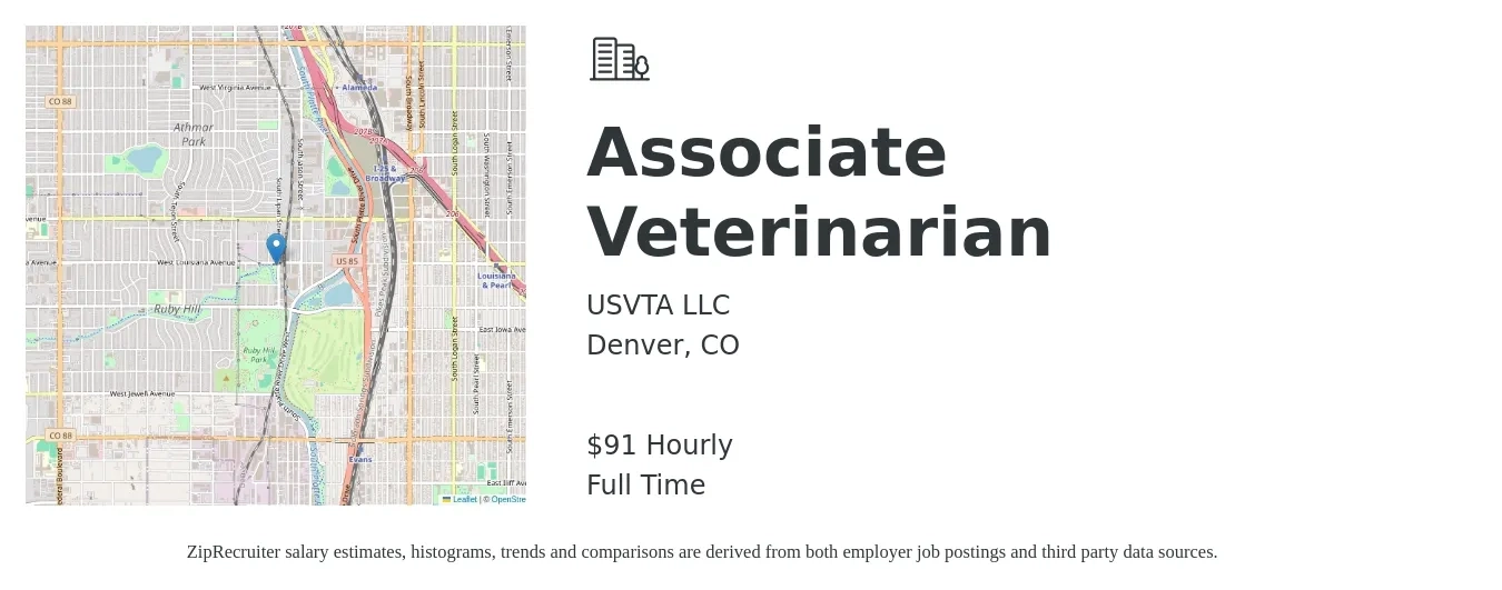 USVTA LLC job posting for a Associate Veterinarian in Denver, CO with a salary of $95 Hourly with a map of Denver location.