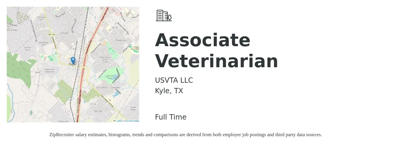 USVTA LLC job posting for a Associate Veterinarian in Kyle, TX with a salary of $98,400 to $158,800 Yearly with a map of Kyle location.