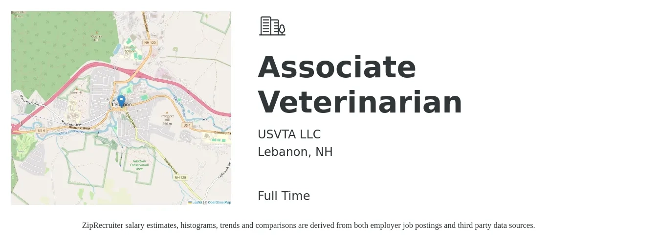 USVTA LLC job posting for a Associate Veterinarian in Lebanon, NH with a salary of $114,900 to $185,500 Yearly with a map of Lebanon location.