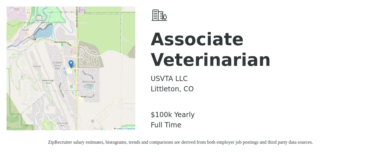 USVTA LLC job posting for a Associate Veterinarian in Littleton, CO with a salary of $100,000 Yearly with a map of Littleton location.