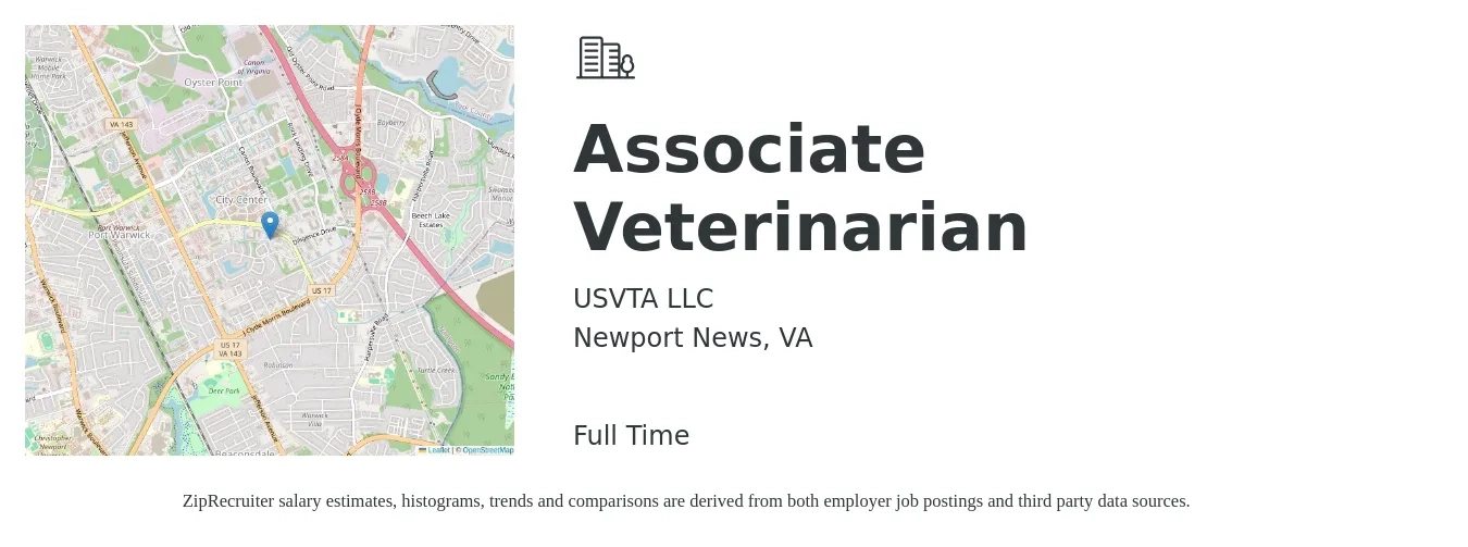 USVTA LLC job posting for a Associate Veterinarian in Newport News, VA with a salary of $92,300 to $149,100 Yearly with a map of Newport News location.