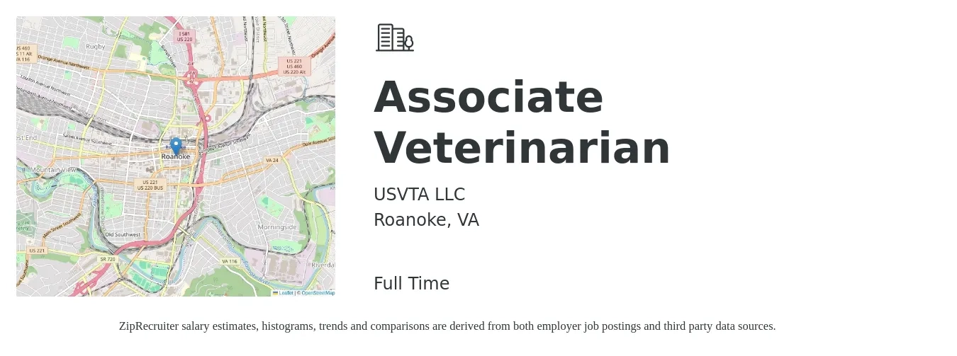 USVTA LLC job posting for a Associate Veterinarian in Roanoke, VA with a salary of $100,600 to $162,400 Yearly with a map of Roanoke location.