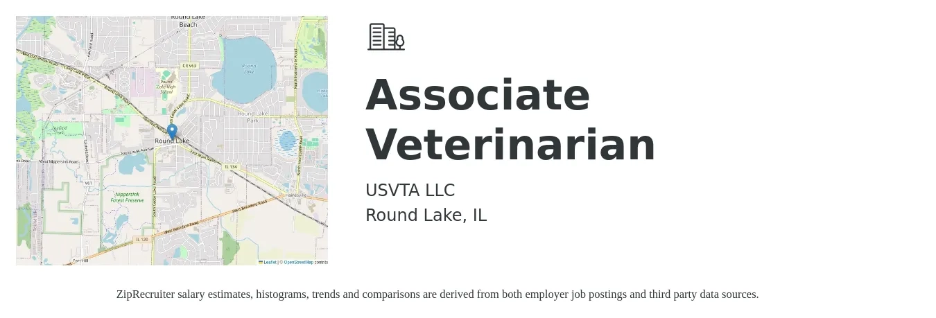 USVTA job posting for a Associate Veterinarian in Round Lake, IL with a salary of $98,300 to $158,700 Yearly with a map of Round Lake location.