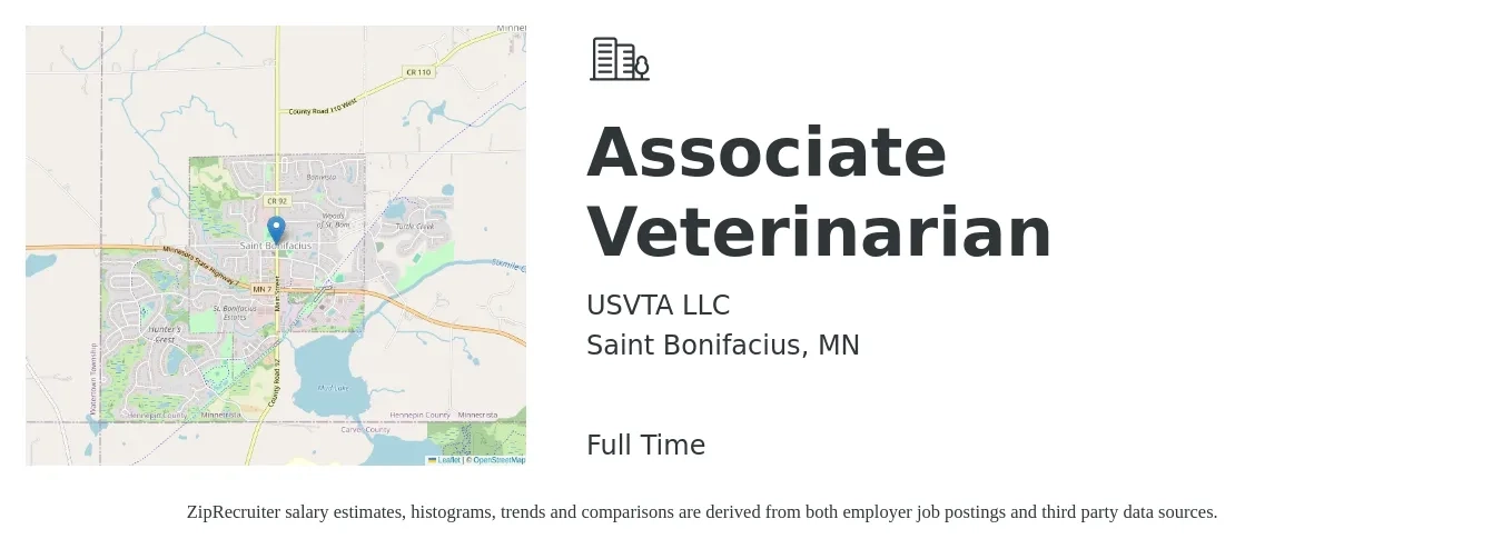 USVTA LLC job posting for a Associate Veterinarian in Saint Bonifacius, MN with a salary of $107,400 to $173,400 Yearly with a map of Saint Bonifacius location.