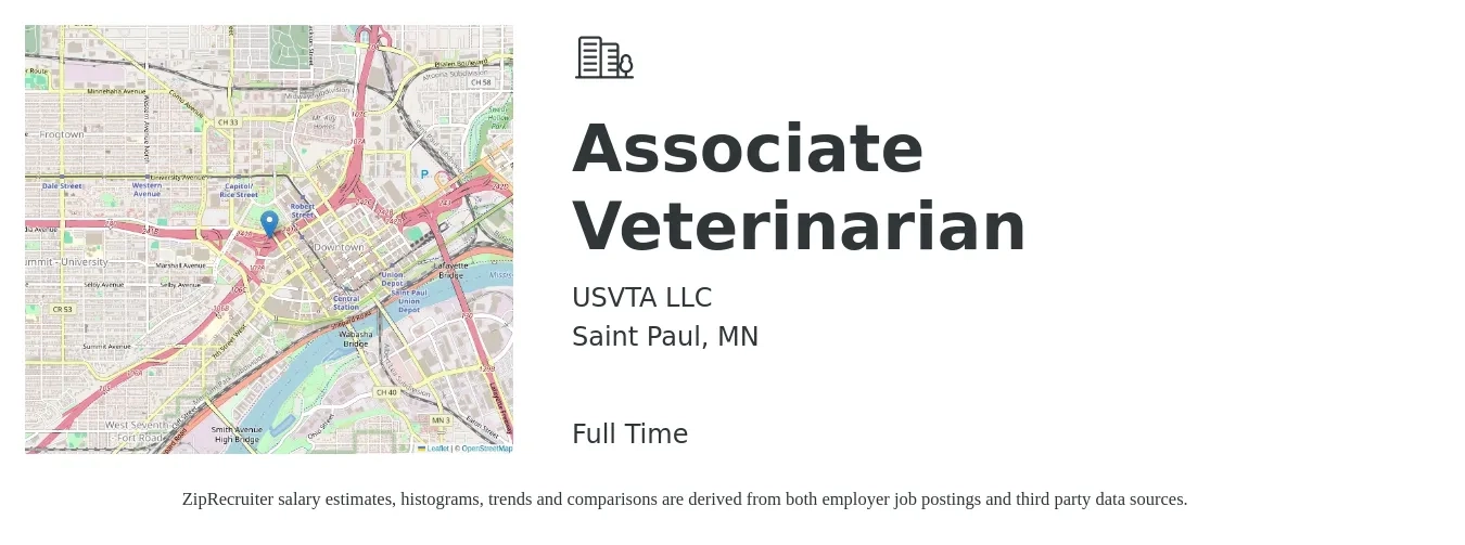 USVTA LLC job posting for a Associate Veterinarian in Saint Paul, MN with a salary of $103,700 to $167,400 Yearly with a map of Saint Paul location.