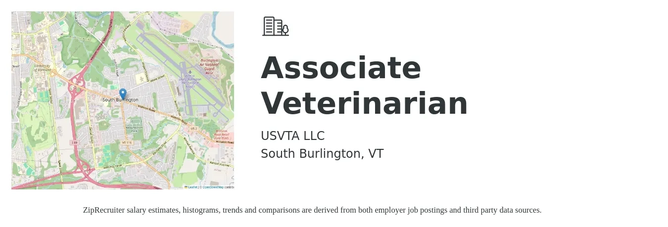 USVTA job posting for a Associate Veterinarian in South Burlington, VT with a salary of $102,900 to $166,100 Yearly with a map of South Burlington location.