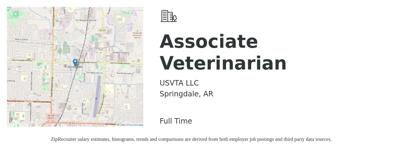 USVTA LLC job posting for a Associate Veterinarian in Springdale, AR with a salary of $90,600 to $146,400 Yearly with a map of Springdale location.