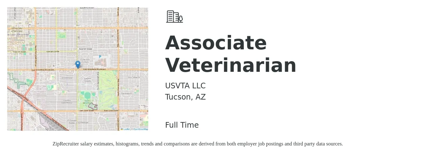 USVTA LLC job posting for a Associate Veterinarian in Tucson, AZ with a salary of $88,100 to $142,300 Yearly with a map of Tucson location.