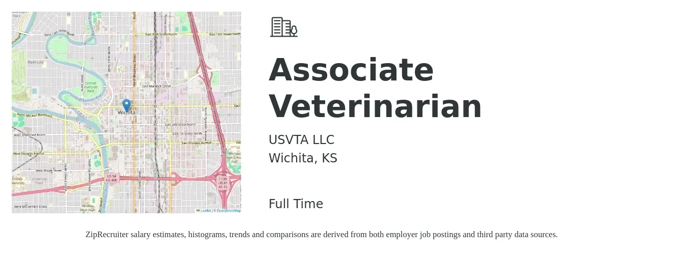 USVTA LLC job posting for a Associate Veterinarian in Wichita, KS with a salary of $91,700 to $148,100 Yearly with a map of Wichita location.