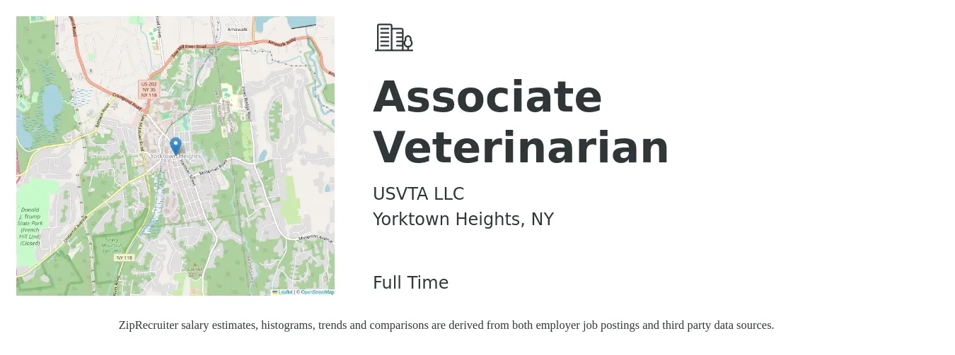 USVTA LLC job posting for a Associate Veterinarian in Yorktown Heights, NY with a salary of $109,500 to $176,800 Yearly with a map of Yorktown Heights location.