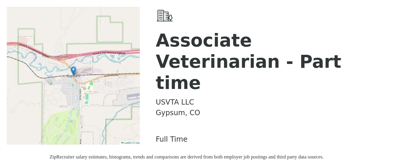 USVTA LLC job posting for a Associate Veterinarian - Part time in Gypsum, CO with a salary of $110,700 to $178,700 Yearly with a map of Gypsum location.