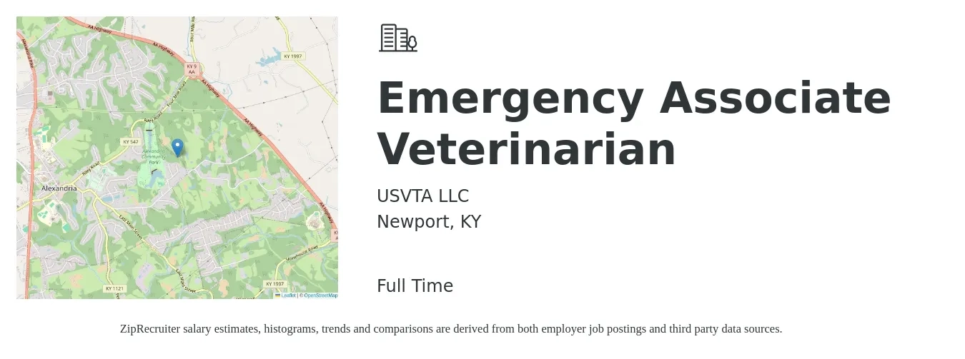 USVTA LLC job posting for a Emergency Associate Veterinarian in Newport, KY with a salary of $99,300 to $160,300 Yearly with a map of Newport location.