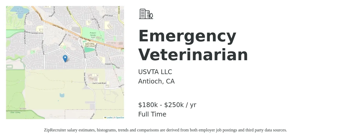 USVTA LLC job posting for a Emergency Veterinarian in Antioch, CA with a salary of $180,000 to $250,000 Yearly with a map of Antioch location.