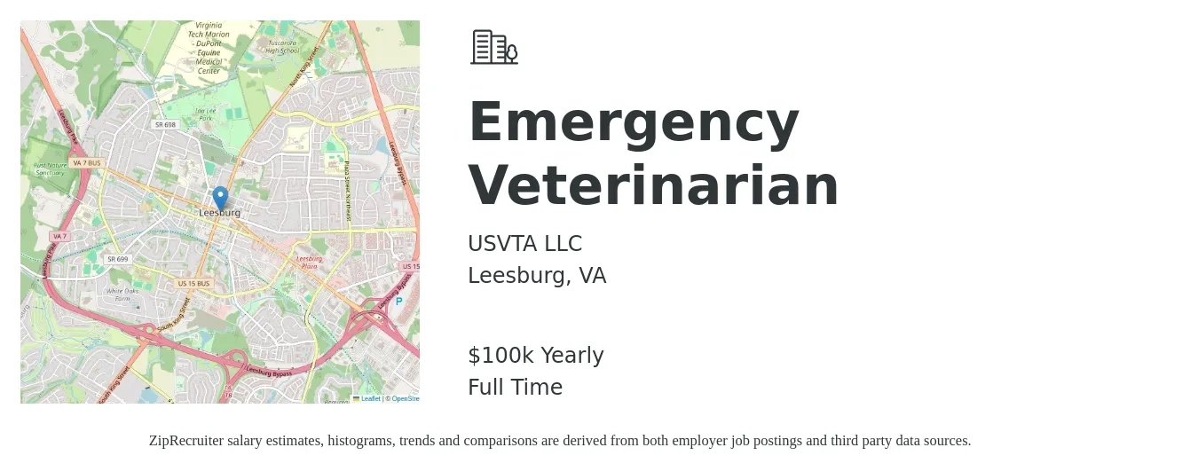 USVTA LLC job posting for a Emergency Veterinarian in Leesburg, VA with a salary of $100,000 Yearly with a map of Leesburg location.