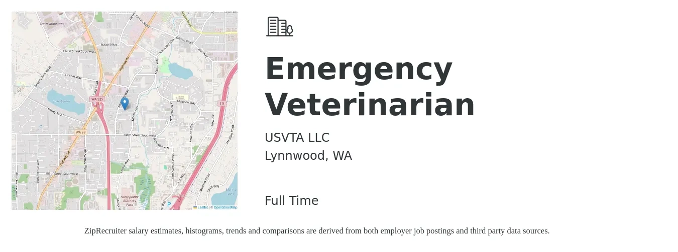 USVTA LLC job posting for a Emergency Veterinarian in Lynnwood, WA with a salary of $195,500 to $243,100 Yearly with a map of Lynnwood location.