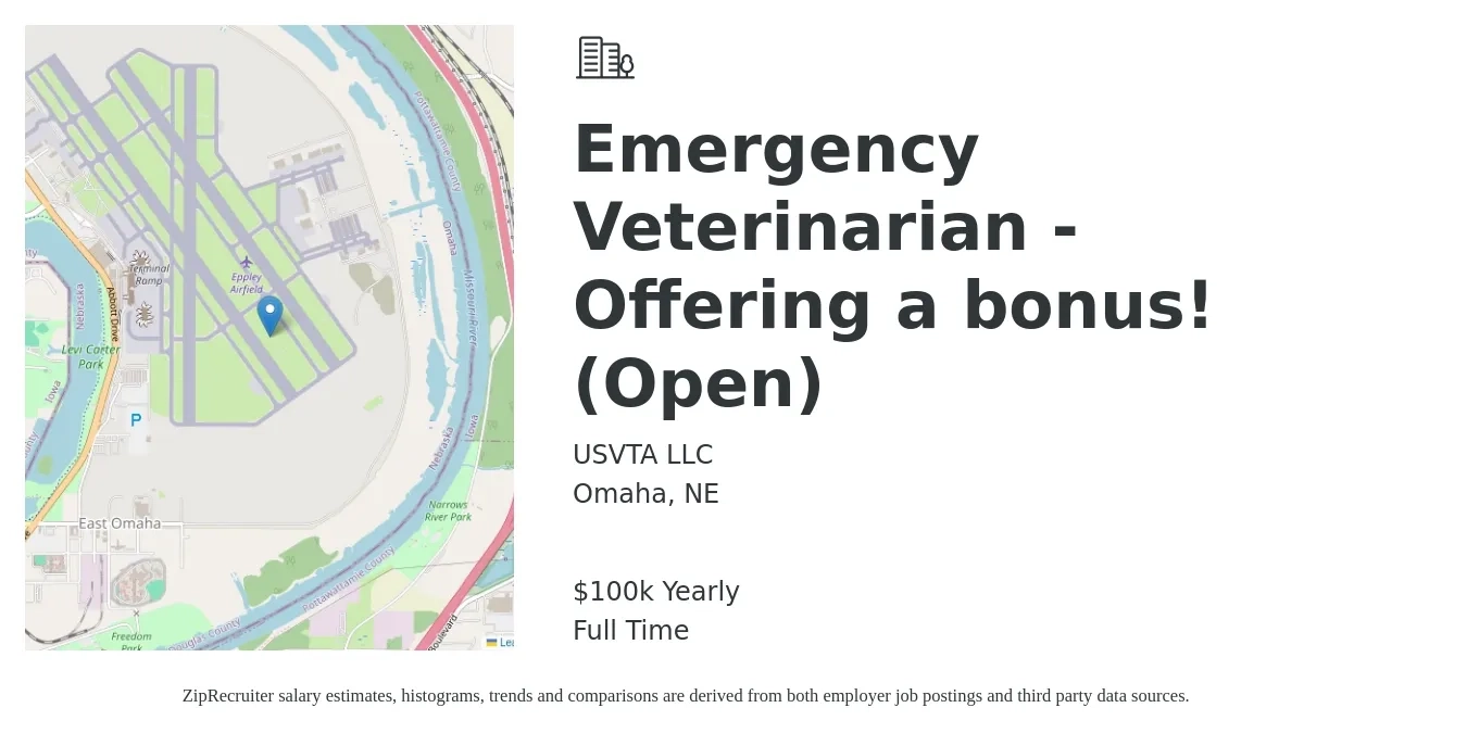 USVTA LLC job posting for a Emergency Veterinarian - Offering a bonus! (Open) in Omaha, NE with a salary of $100,000 Yearly with a map of Omaha location.