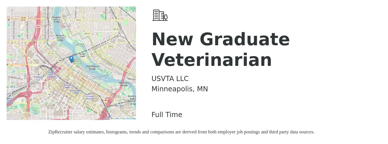 USVTA LLC job posting for a New Graduate Veterinarian in Minneapolis, MN with a salary of $116,900 to $227,600 Yearly with a map of Minneapolis location.