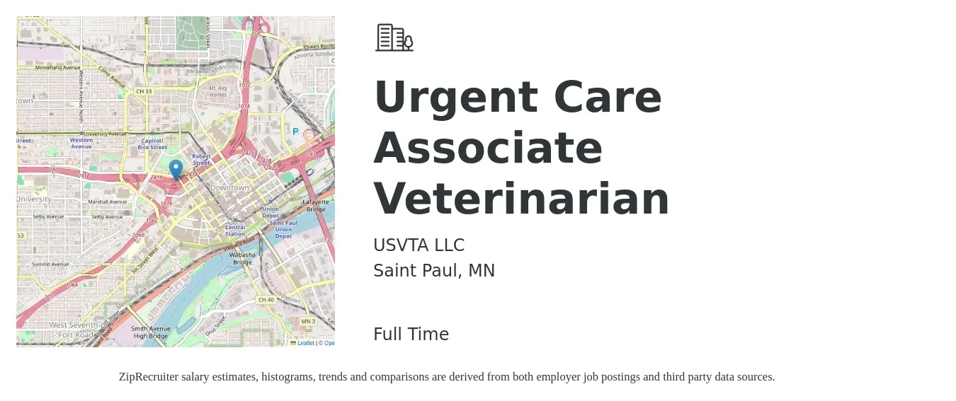 USVTA LLC job posting for a Urgent Care Associate Veterinarian in Saint Paul, MN with a salary of $103,700 to $167,400 Yearly with a map of Saint Paul location.