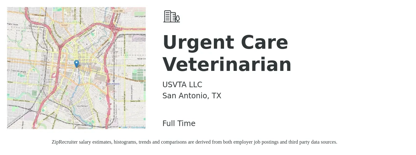 USVTA LLC job posting for a Urgent Care Veterinarian in San Antonio, TX with a salary of $96,700 to $188,200 Yearly with a map of San Antonio location.