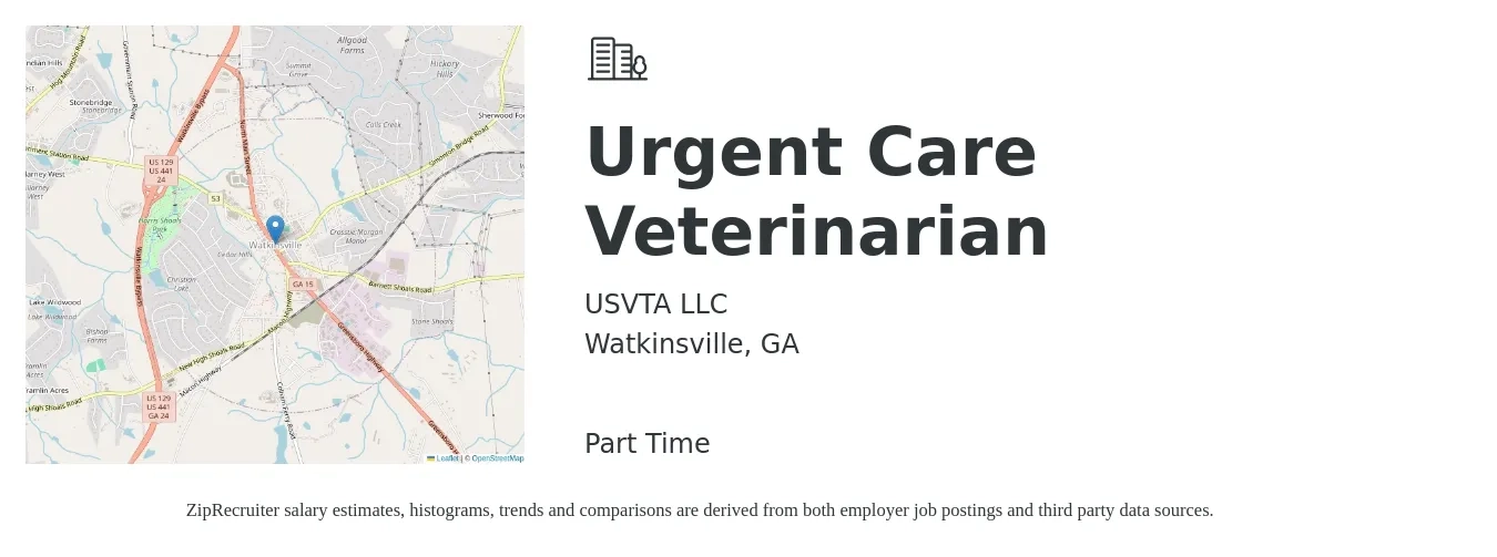 USVTA LLC job posting for a Urgent Care Veterinarian in Watkinsville, GA with a salary of $100,200 to $195,100 Yearly with a map of Watkinsville location.