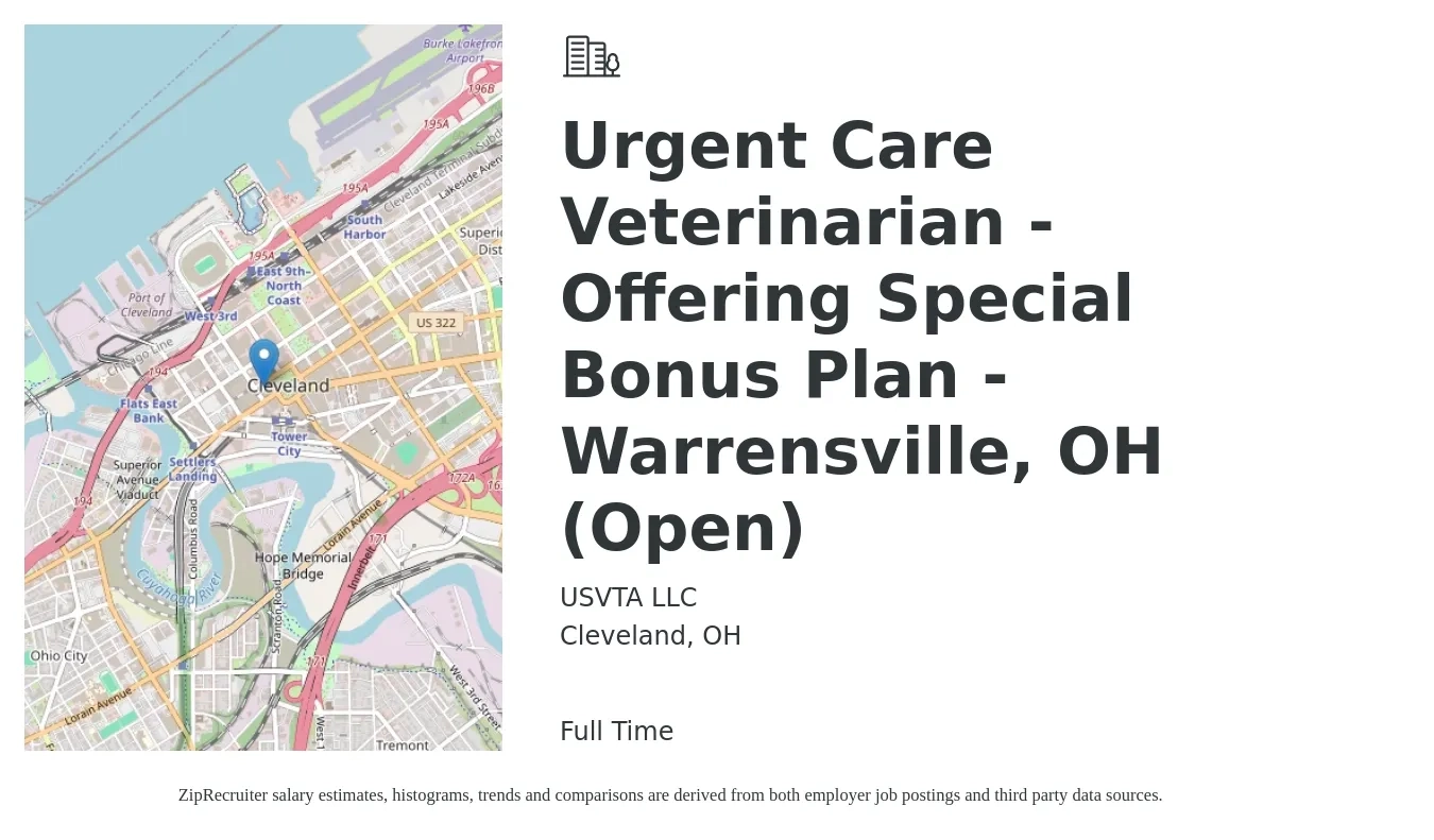 USVTA LLC job posting for a Urgent Care Veterinarian - Offering Special Bonus Plan - Warrensville, OH (Open) in Cleveland, OH with a salary of $108,700 to $211,500 Yearly with a map of Cleveland location.